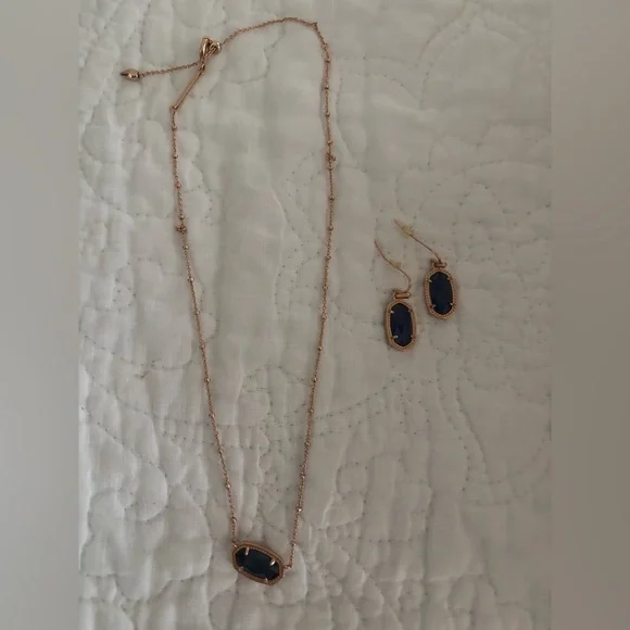 Kendra Scott Rose Gold Necklace + Matching Earrings with Blue Accents - Picture 2 of 5